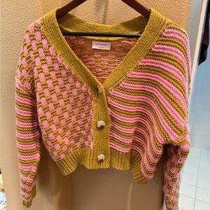 Patterned Pink and Green Cardigan Sweater
